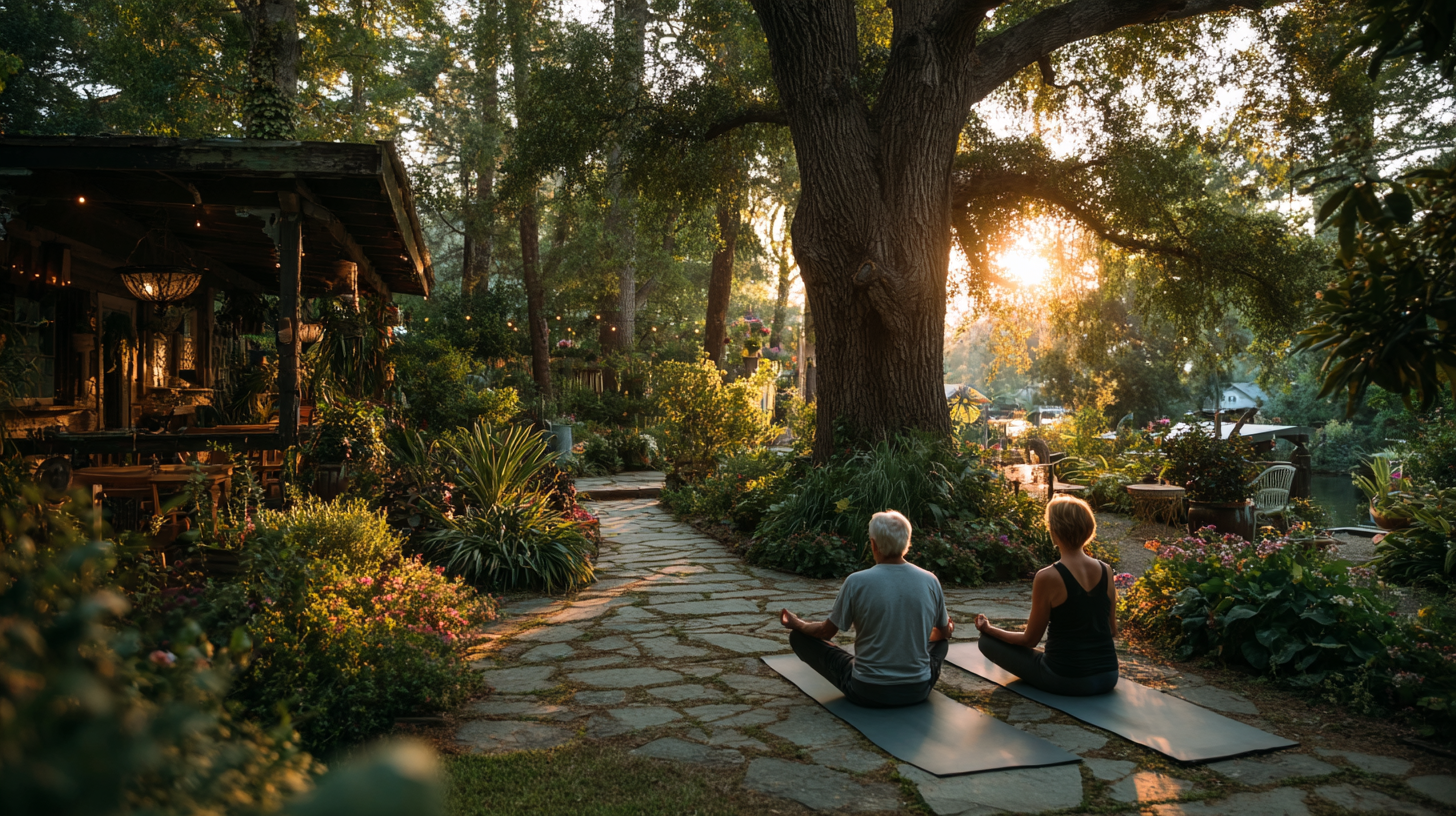 Група възрастни хора практикуват йога на открито в красива природна среда