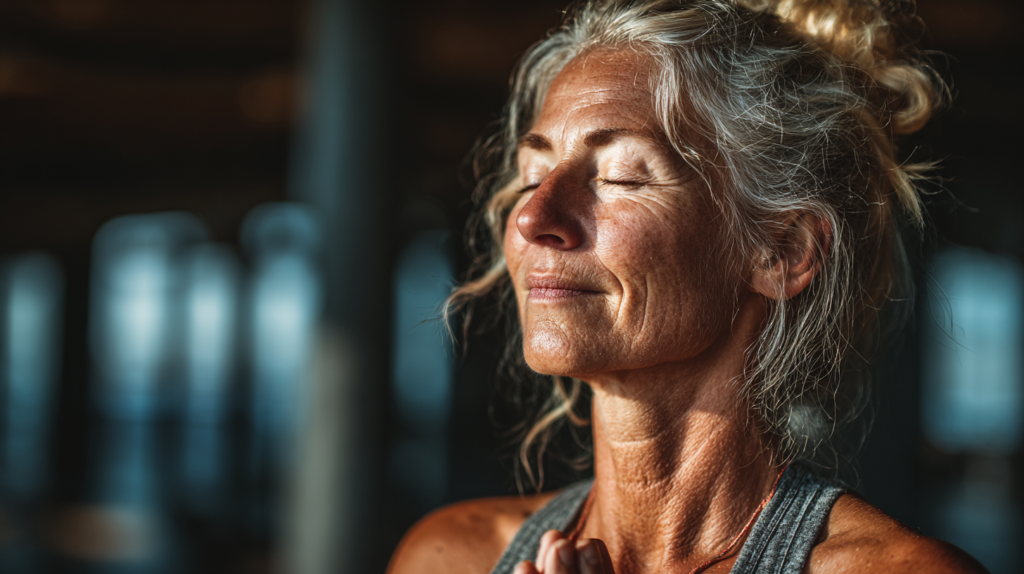 Възрастна жена се усмихва щастливо след йога занятие, излъчвайки здраве и жизненост